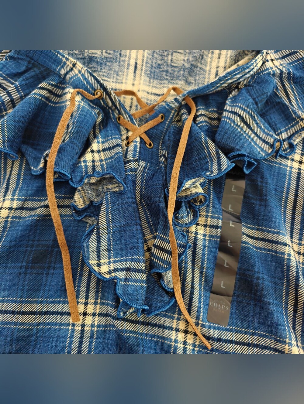 Chaps Denim vintage Y2K Cottagecore Plaid Ruffle Western lace-up neck size L - Picture 4 of 7